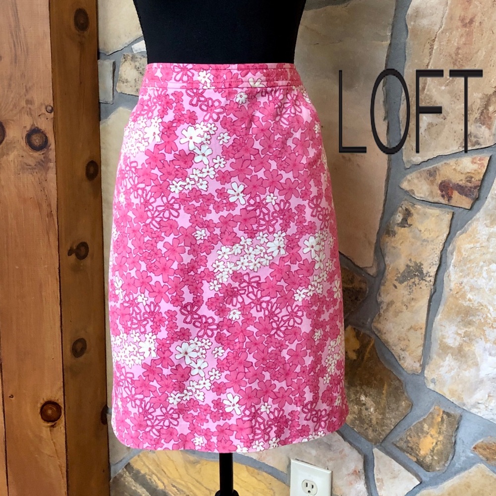 LOFT NWOT Pencil Skirt Floral Pockets Pink White (14)